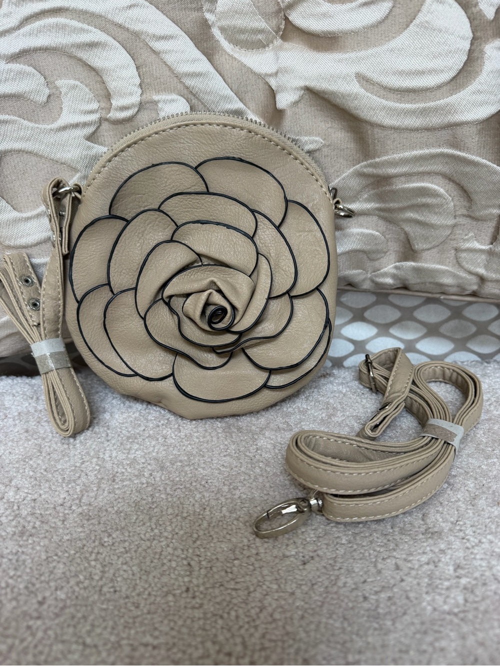 Neutral Beige Faux Leather Rosette Crossbody Bag with Floral Lining